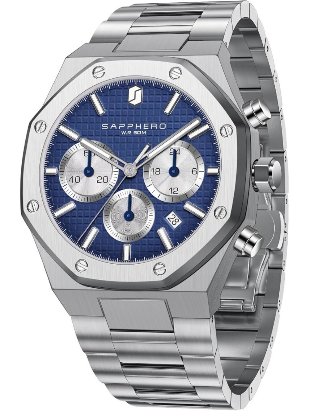 Men's Silver Strap Blue Face Stainless Steel Octagonal Date Quartz Wrist Watch